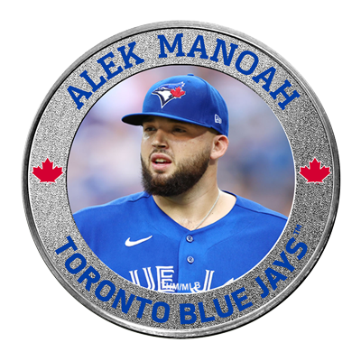 A picture of a 1 oz Toronto Blue Jays .999 Pure Silver Colourized Round- Alek Manoah